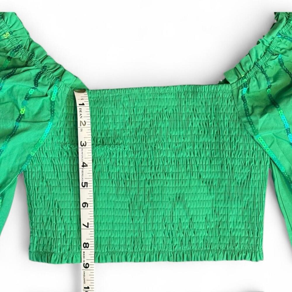 Billow Sleeve Crop Top Shorts Set M Y2K Green Smocked Sequin Puff Main Strip - Picture 4 of 9